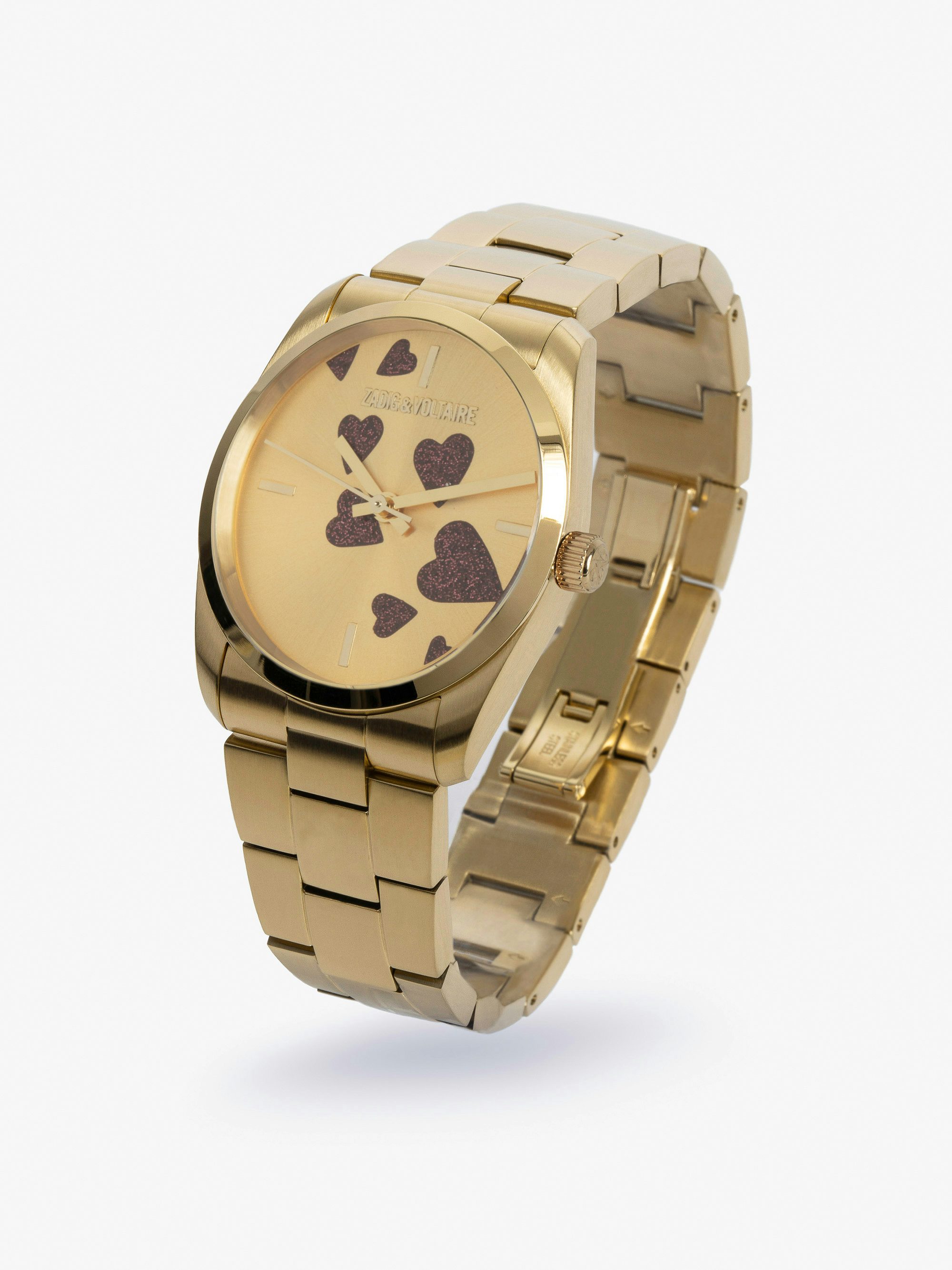 Zadig Strass Heart Watch - Gold toned stainless steel watch with pink diamante hearts on dial.